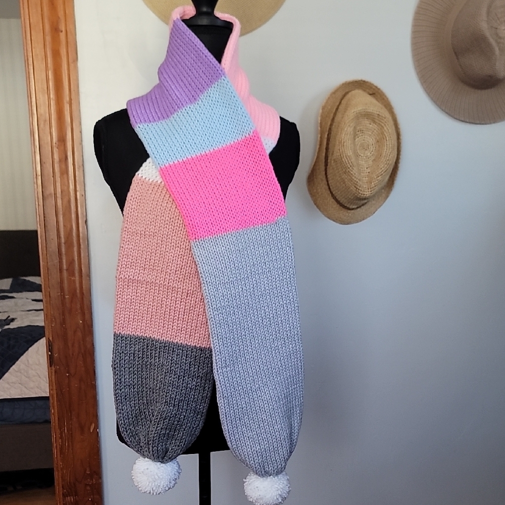 Multicolor Knit Scrap Yarn  Scarf with Pom Poms